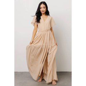 baltic born kristina v neck faux wrap side slit silky fit and flare maxi dress